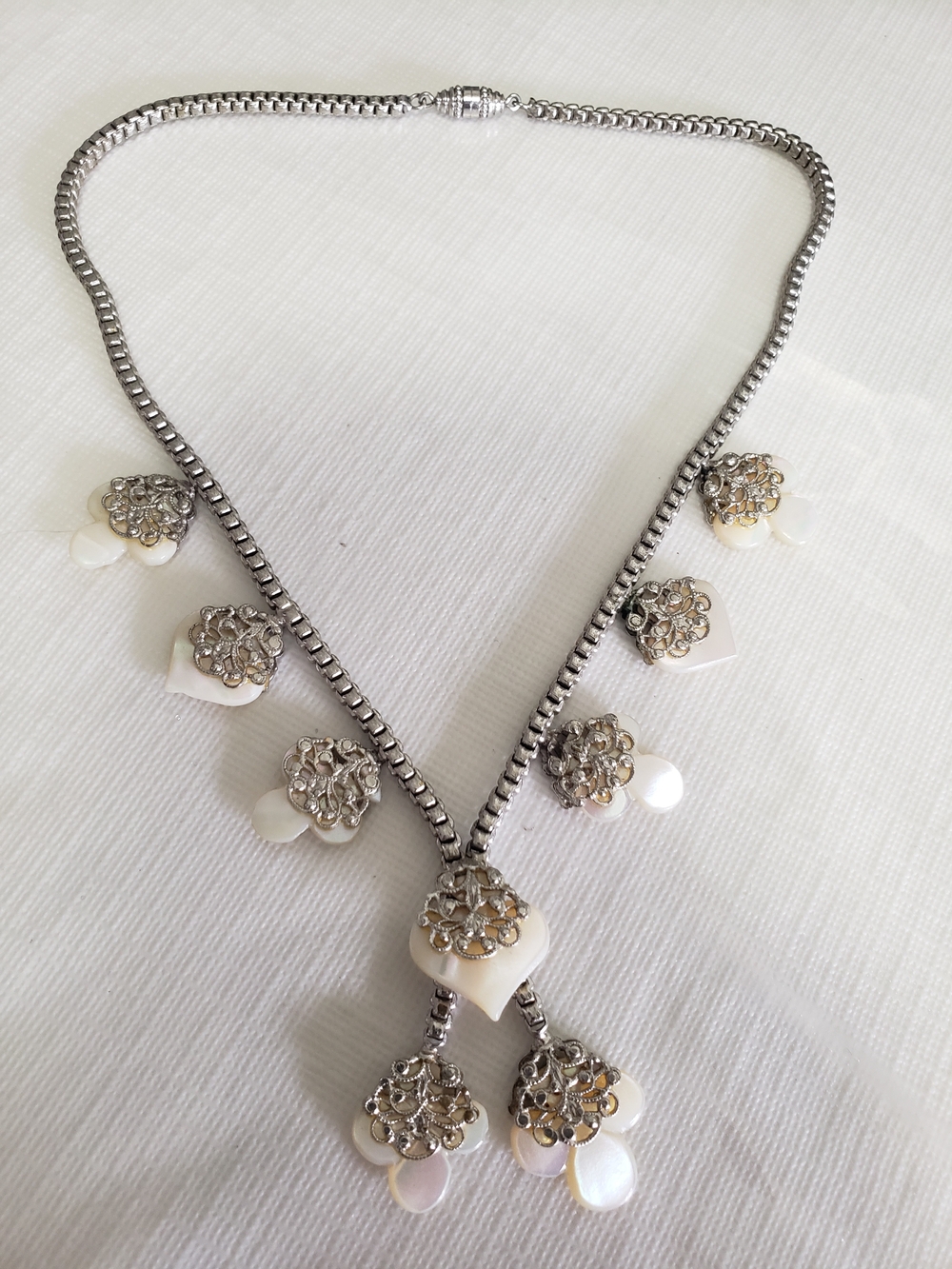 Vintage Mother of Pearl & Silver Filigree Cascade Lariat Necklace